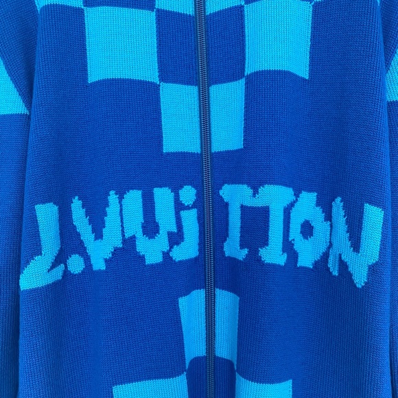 Louis Vuitton Sweater Wool Zipup Jacket Blue LV Knit Damier Mens Large Virgil - Picture 6 of 15
